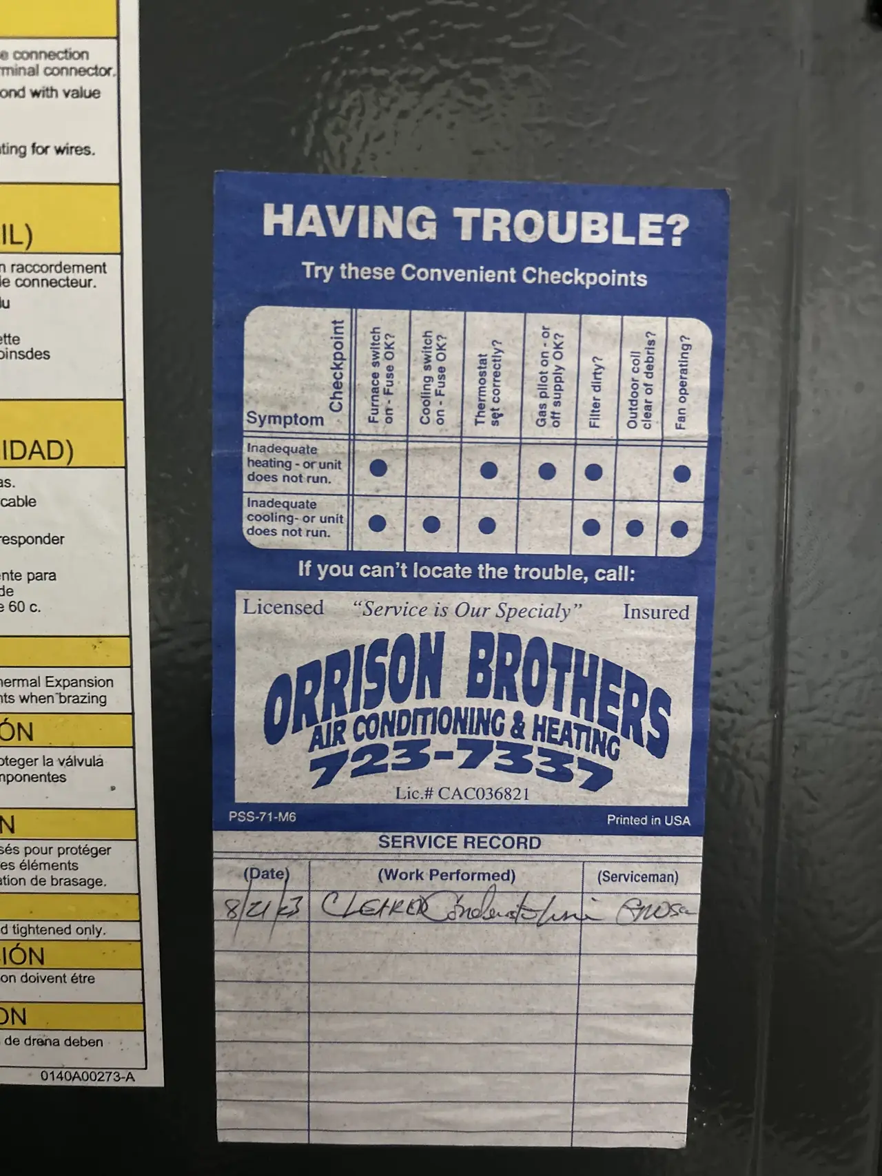 Orrison Brothers service record sticker on original equipment