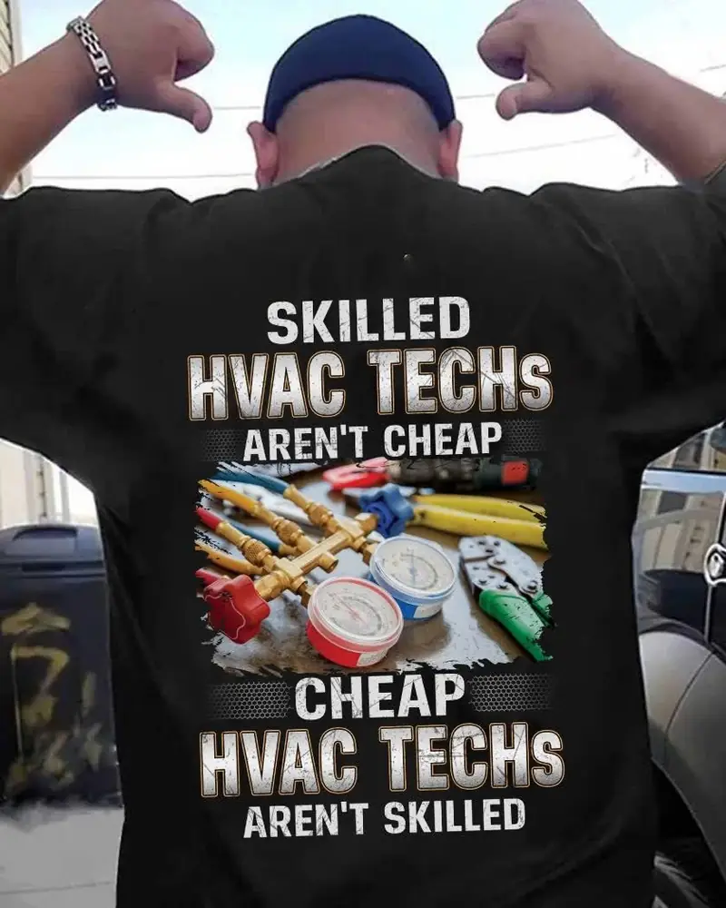 Synergie crew shirt reading Skilled HVAC Techs Aren't Cheap