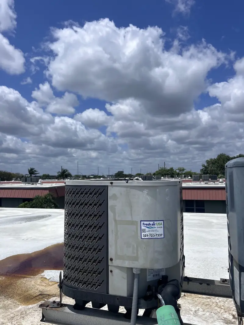 Rooftop condensing unit on a commercial building