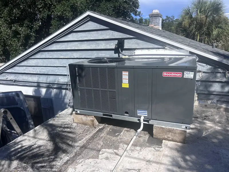 Packaged rooftop unit on a metal roof