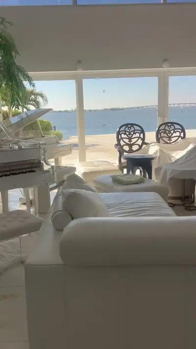 Coastal living room interior with water views
