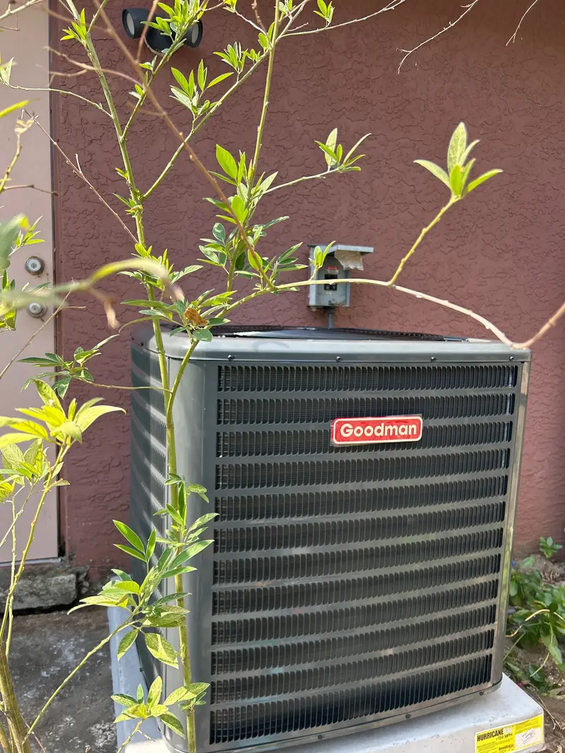 Goodman condenser against a painted exterior wall
